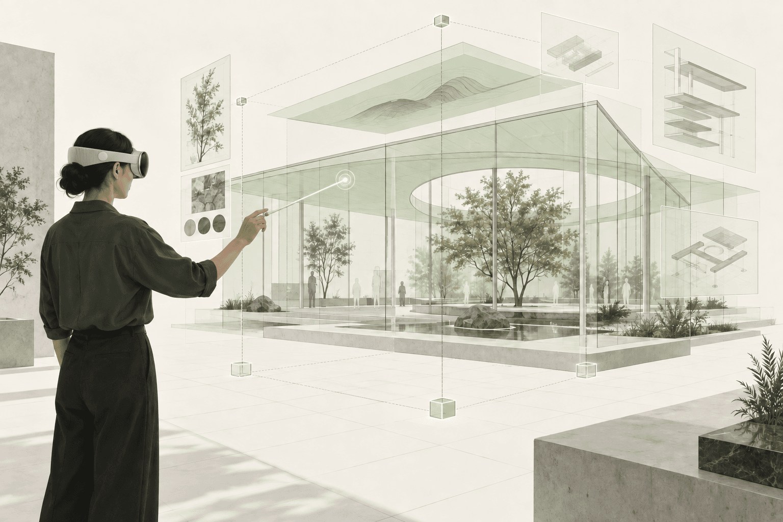Designer wearing a mixed-reality headset and interacting with a full-scale holographic pavilion